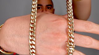 10mm Yellow Gold Miami Curb Cuban Link Chain STORYSIZINGON NECK REVIEW  Ariel Rosado [upl. by Nrubliw]